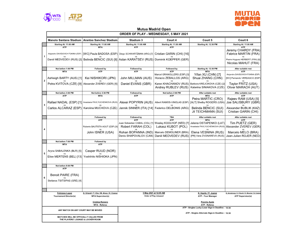 Mutua Madrid Open ORDER of PLAY - WEDNESDAY, 5 MAY 2021