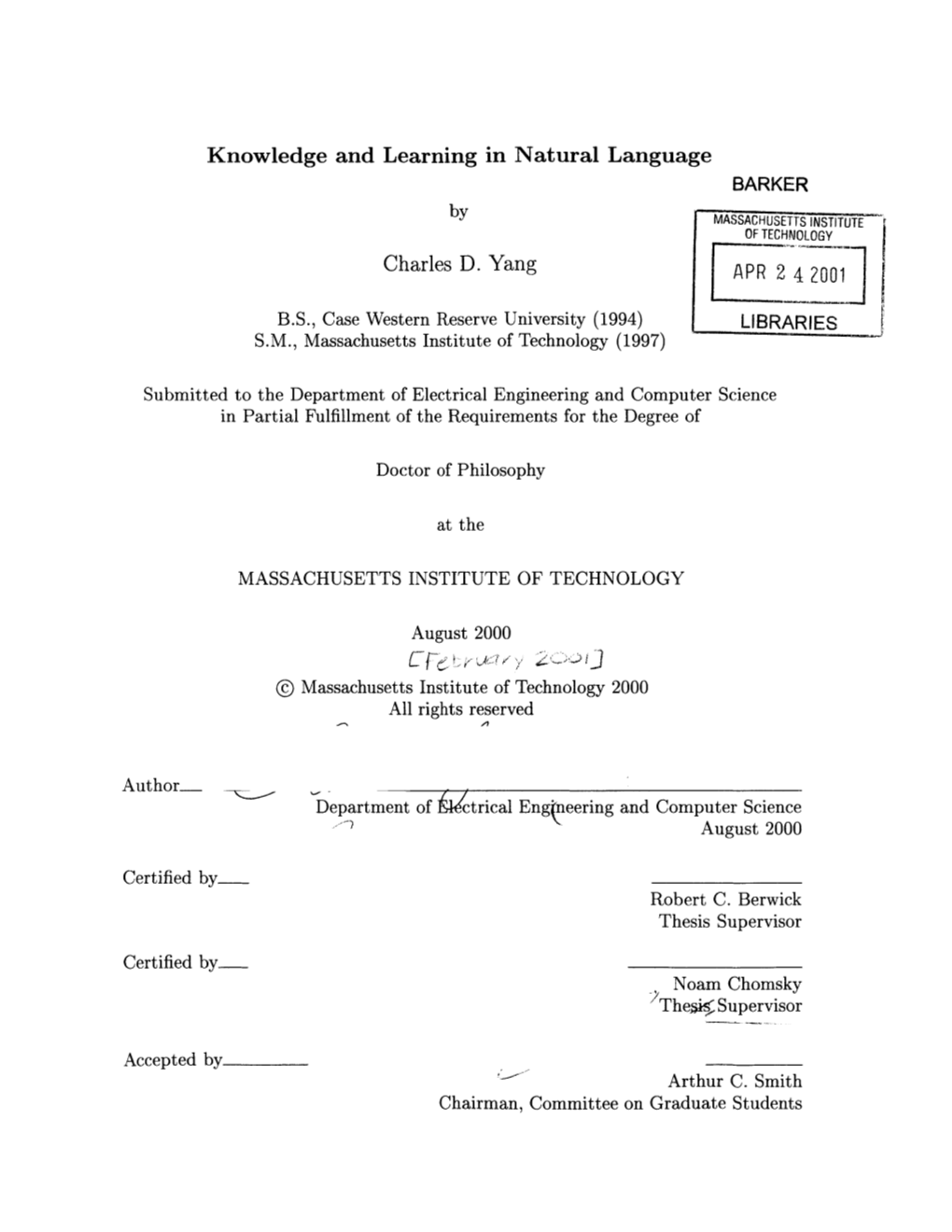 Knowledge and Learning in Natural Language BARKER by MASSACHUSET TS INSTITUTE of TECHNOLOGY