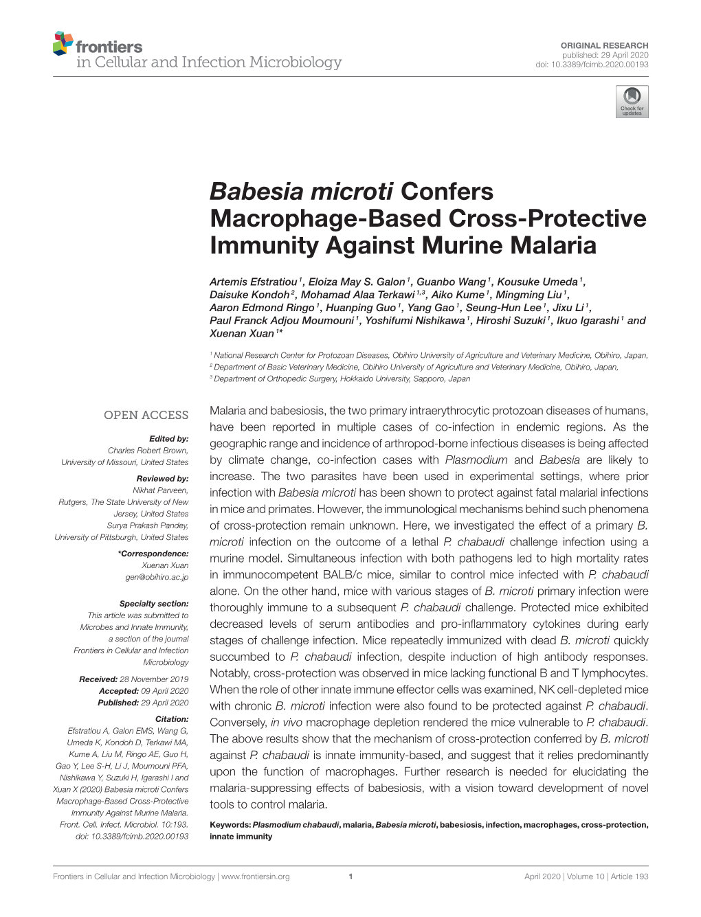 Babesia Microti Confers Macrophage-Based Cross-Protective Immunity Against Murine Malaria