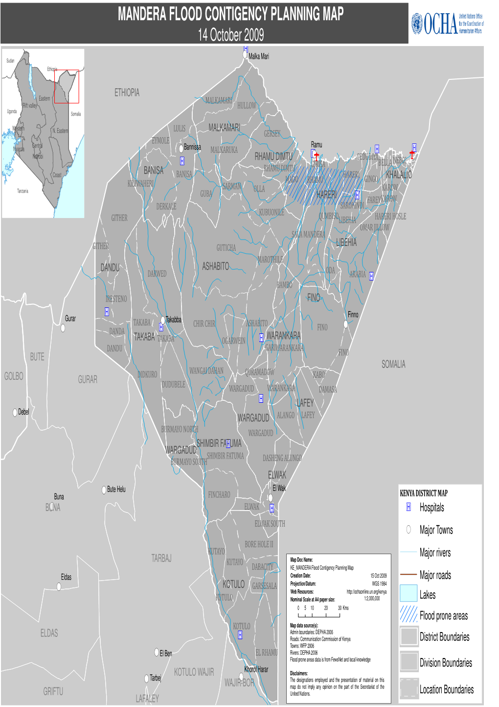 MANDERA FLOOD CONTIGENCY PLANNING MAP 14 October 2009 P (! Malka Mari Sudan Ethiopia