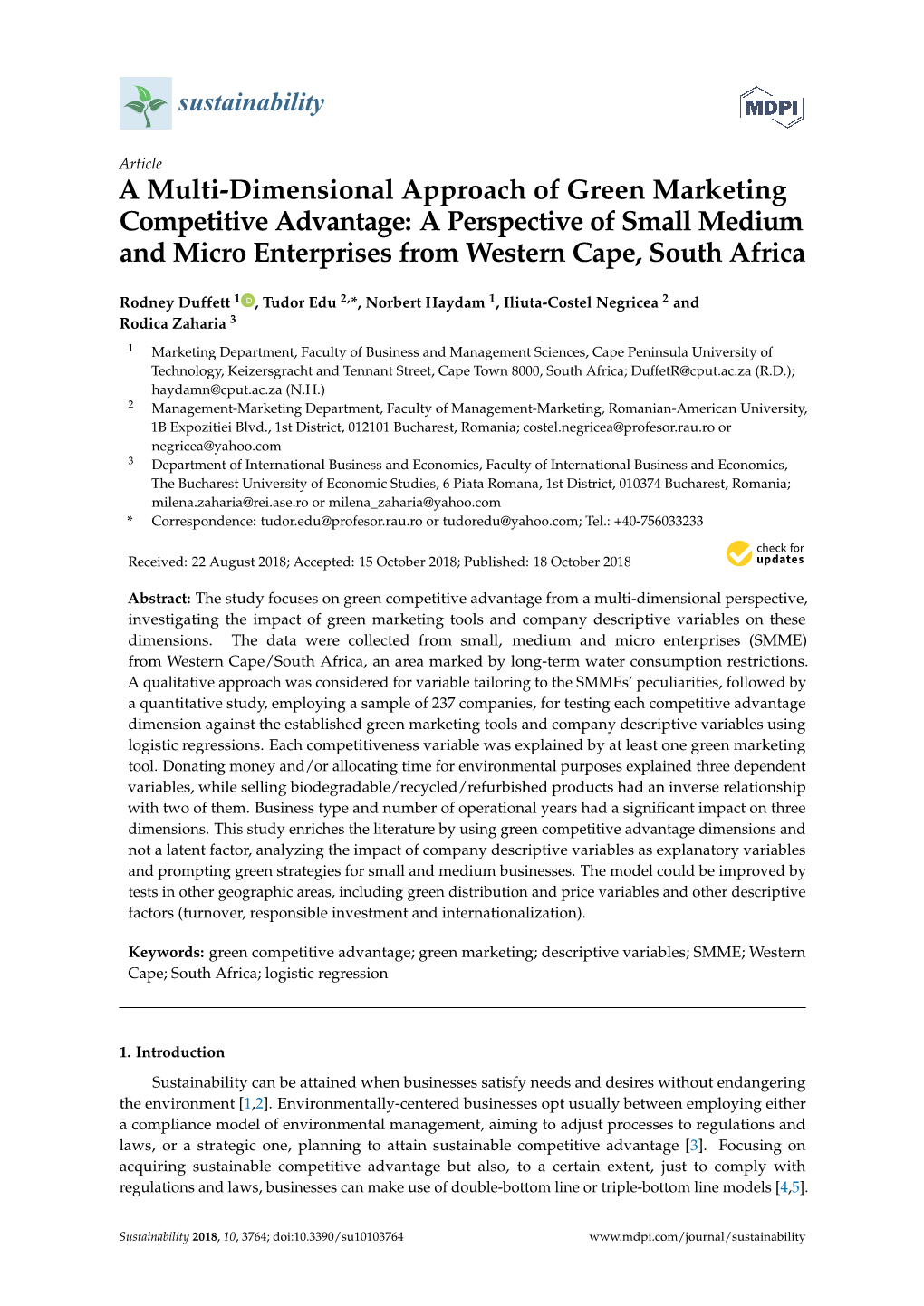 A Multi-Dimensional Approach of Green Marketing Competitive Advantage: a Perspective of Small Medium and Micro Enterprises from Western Cape, South Africa
