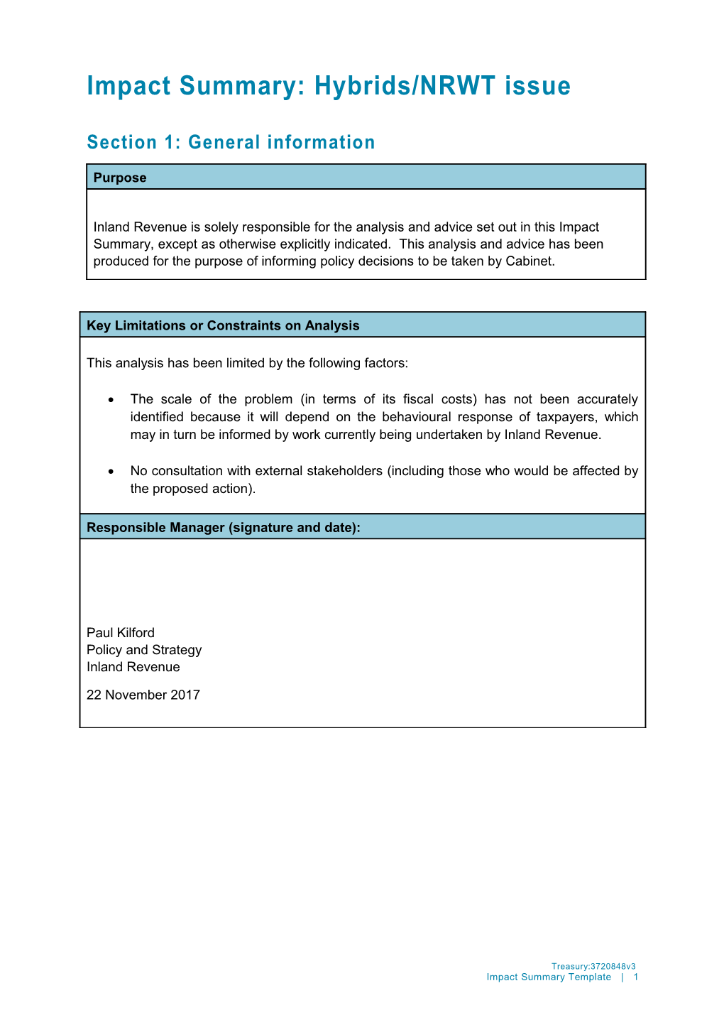 Regulatory Impact Assessment - Hybrids/NRWT Issue (November 2017)