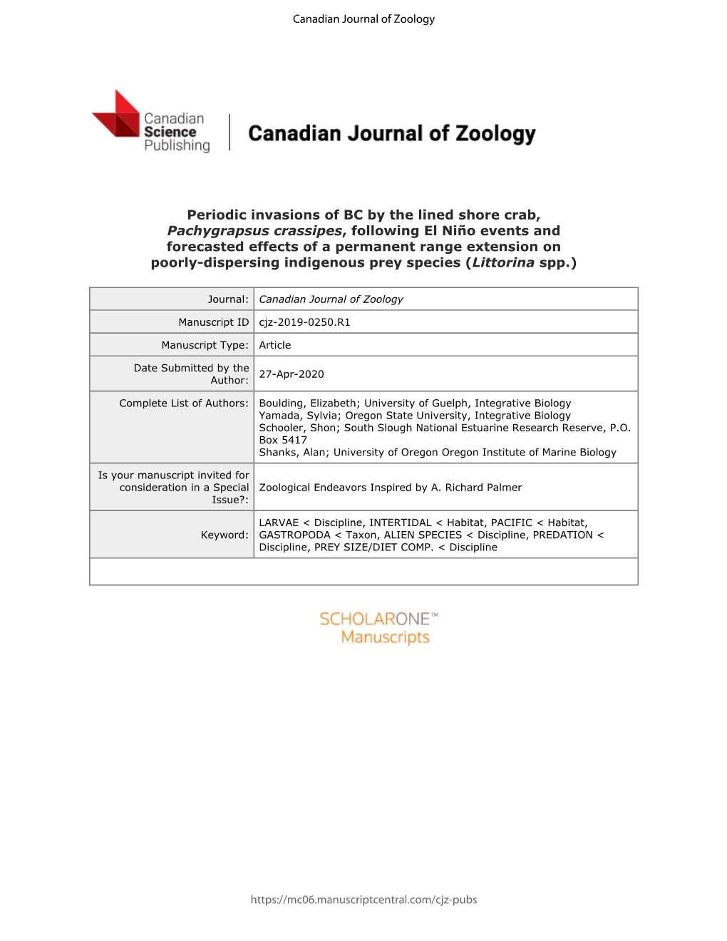 Periodic Invasions of BC by the Lined Shore Crab, Pachygrapsus