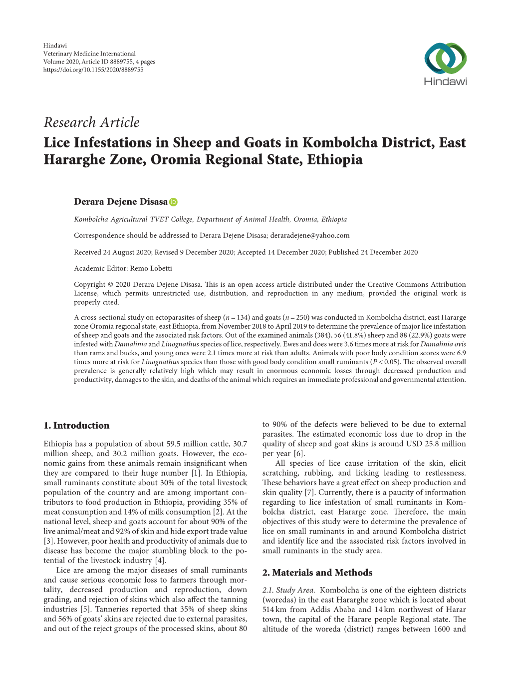 Lice Infestations in Sheep and Goats in Kombolcha District, East Hararghe Zone, Oromia Regional State, Ethiopia