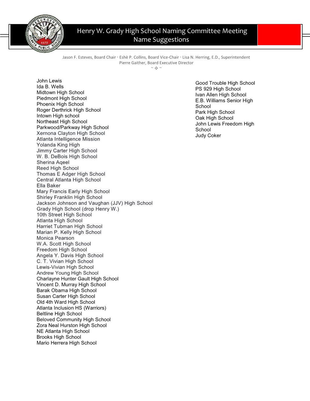 Henry W. Grady High School Naming Committee Meeting