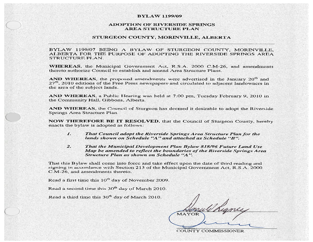 Bylaw 1199/09 Adoption of Riverside Springs Area