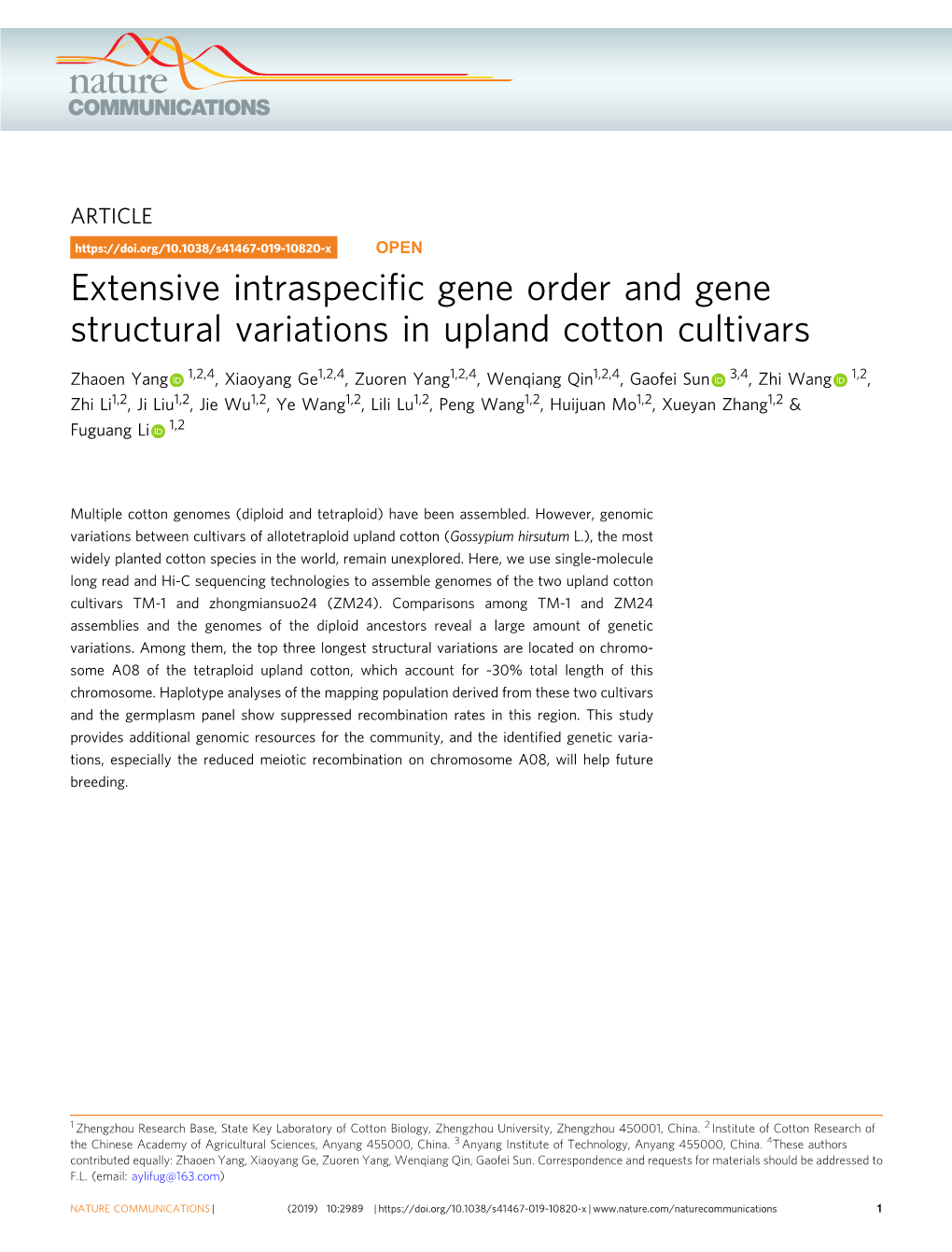 Extensive Intraspecific Gene Order and Gene Structural Variations in Upland Cotton Cultivars