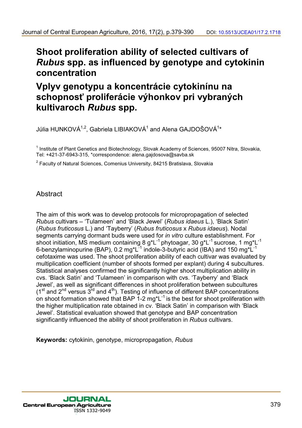 Shoot Proliferation Ability of Selected Cultivars of Rubus Spp. As