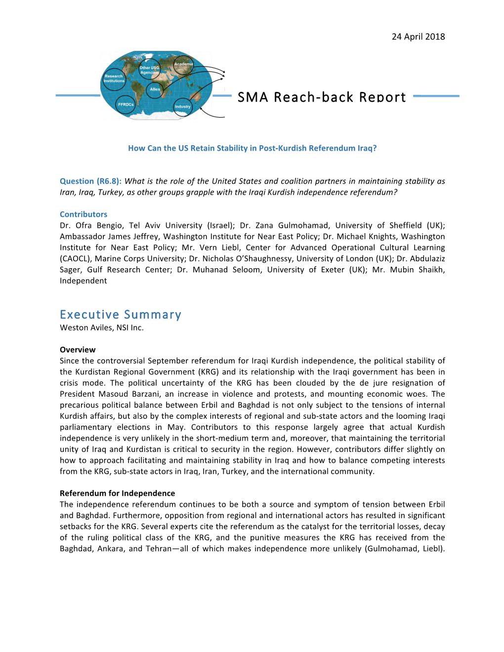SMA Reach-Back Report