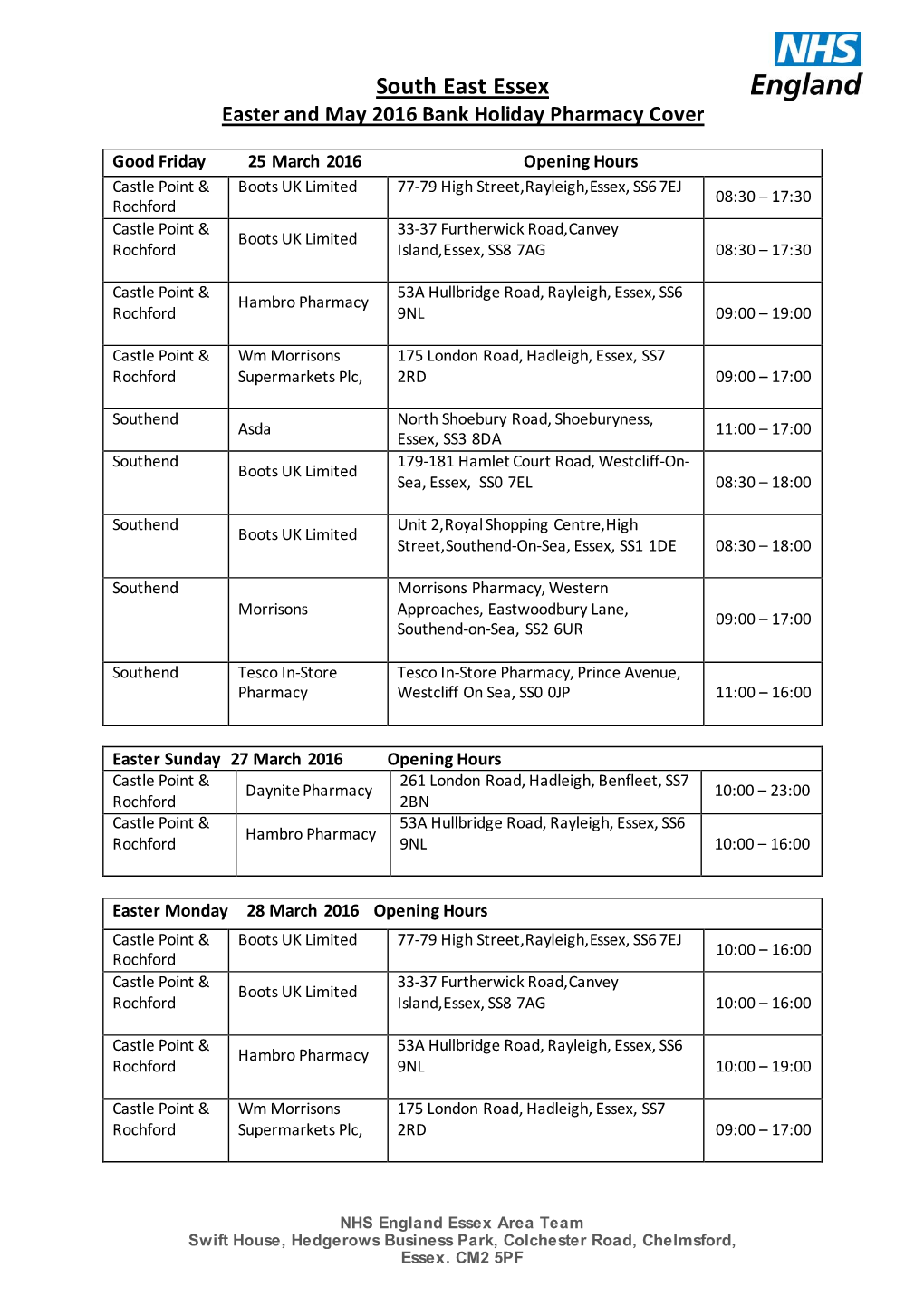 South East Essex Easter and May 2016 Bank Holiday Pharmacy Cover