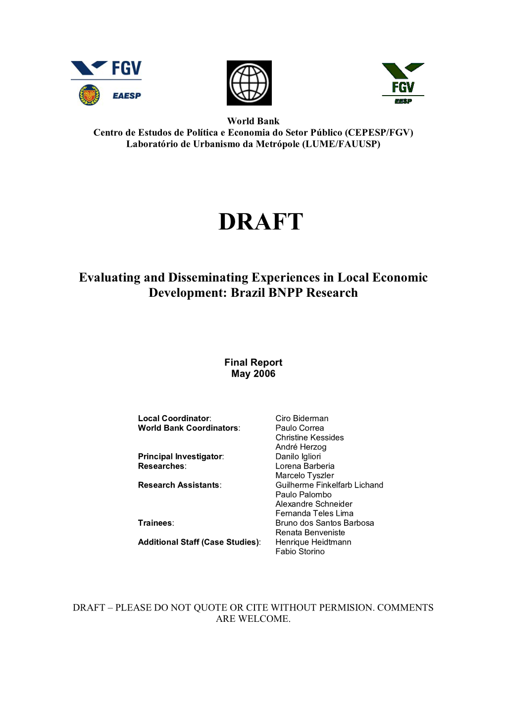 Evaluating and Disseminating Experiences in Local Economic Development: Brazil BNPP Research
