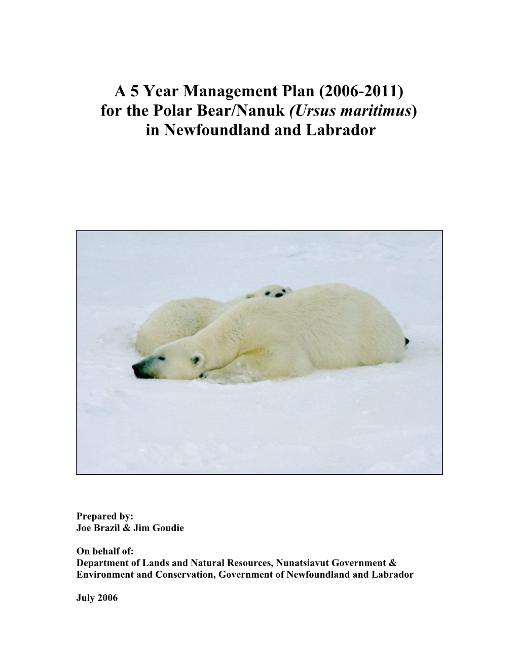 A 5 Year Management Plan (2006-2011) for the Polar Bear/Nanuk (Ursus Maritimus) in Newfoundland and Labrador