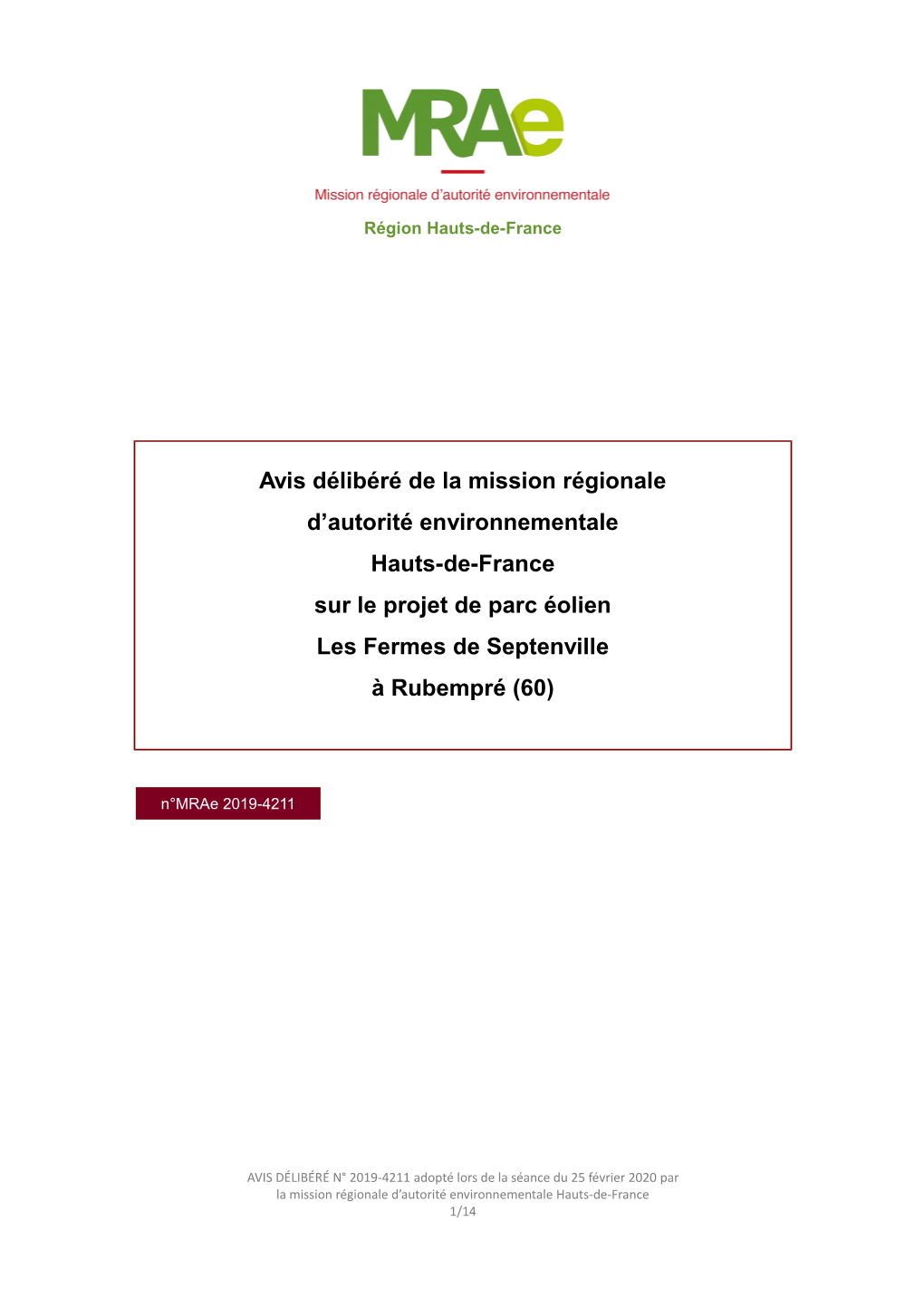 Avis Délibéré De La Mission Régionale D'autorité Environnementale Hauts