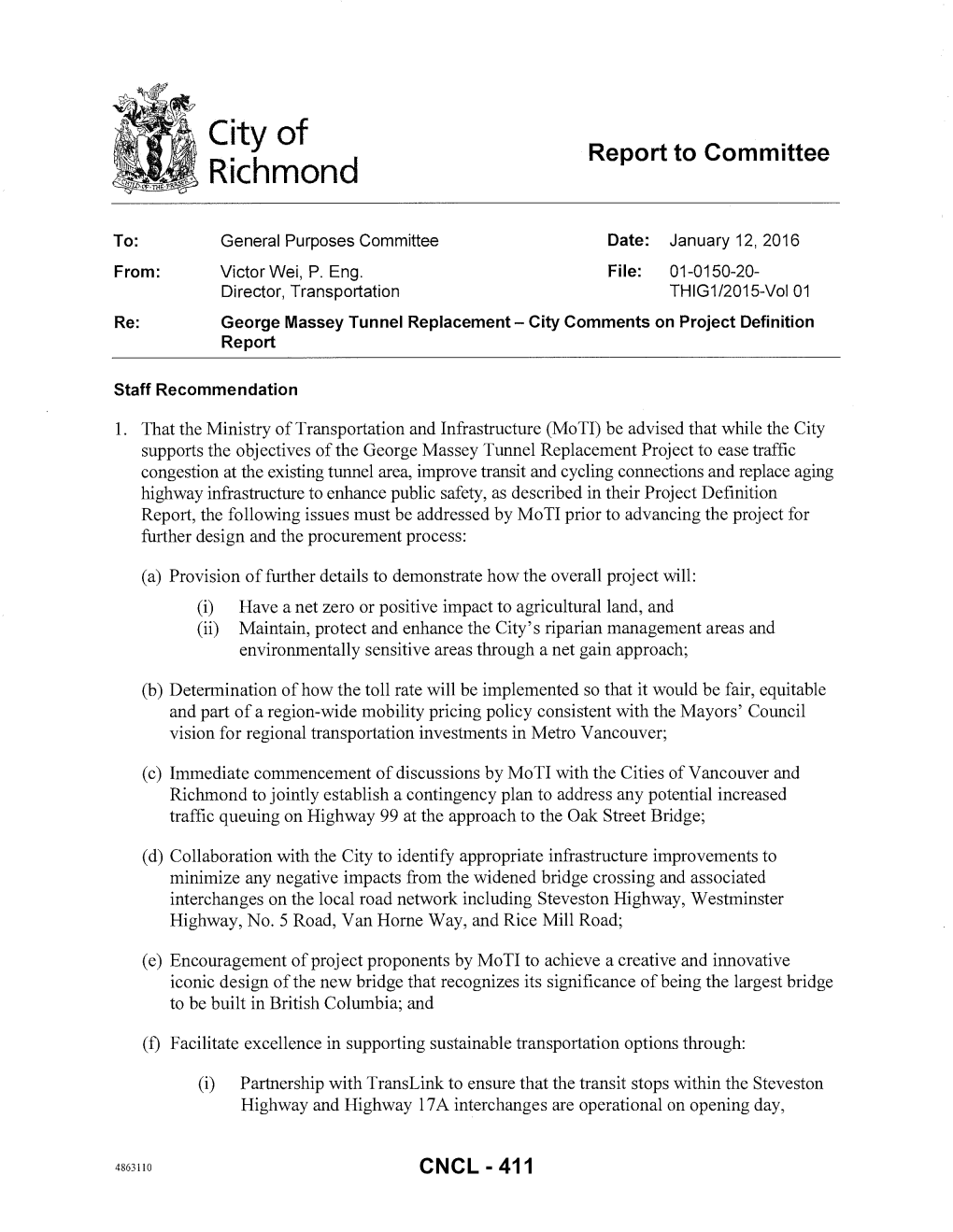 George Massey Tunnel Replacement- City Comments on Project Definition Report