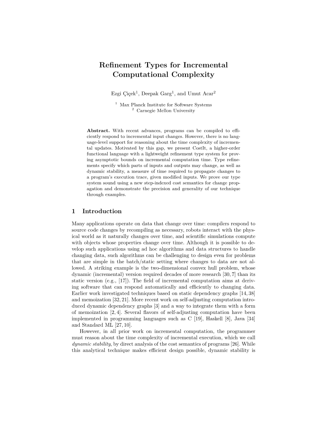 Refinement Types for Incremental Computational Complexity