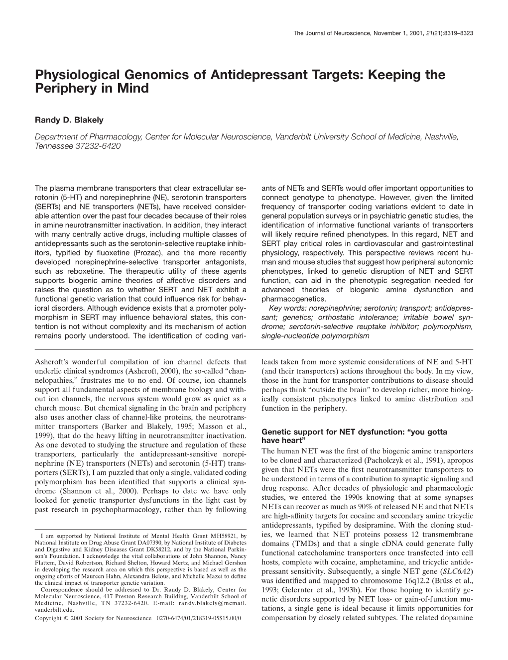 Physiological Genomics of Antidepressant Targets: Keeping the Periphery in Mind