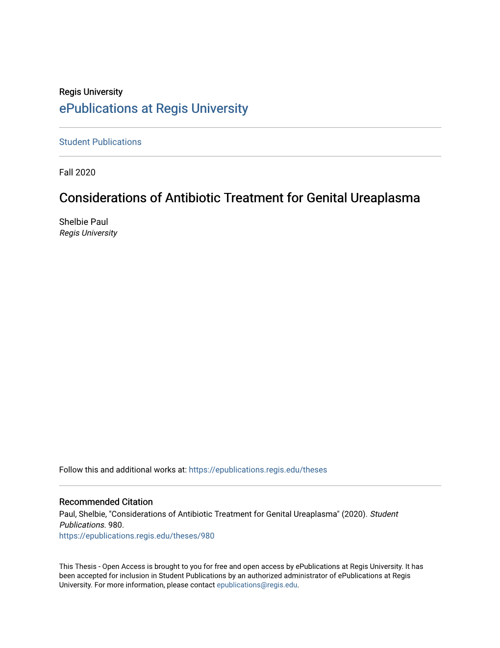 Considerations of Antibiotic Treatment for Genital Ureaplasma