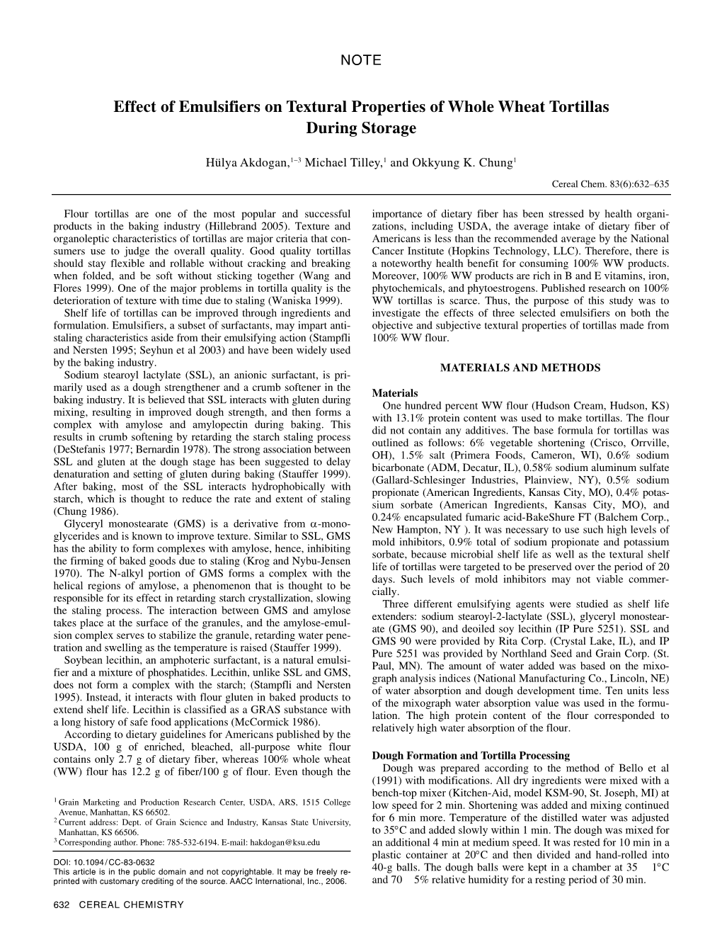 Effect of Emulsifiers on Textural Properties of Whole Wheat Tortillas During Storage