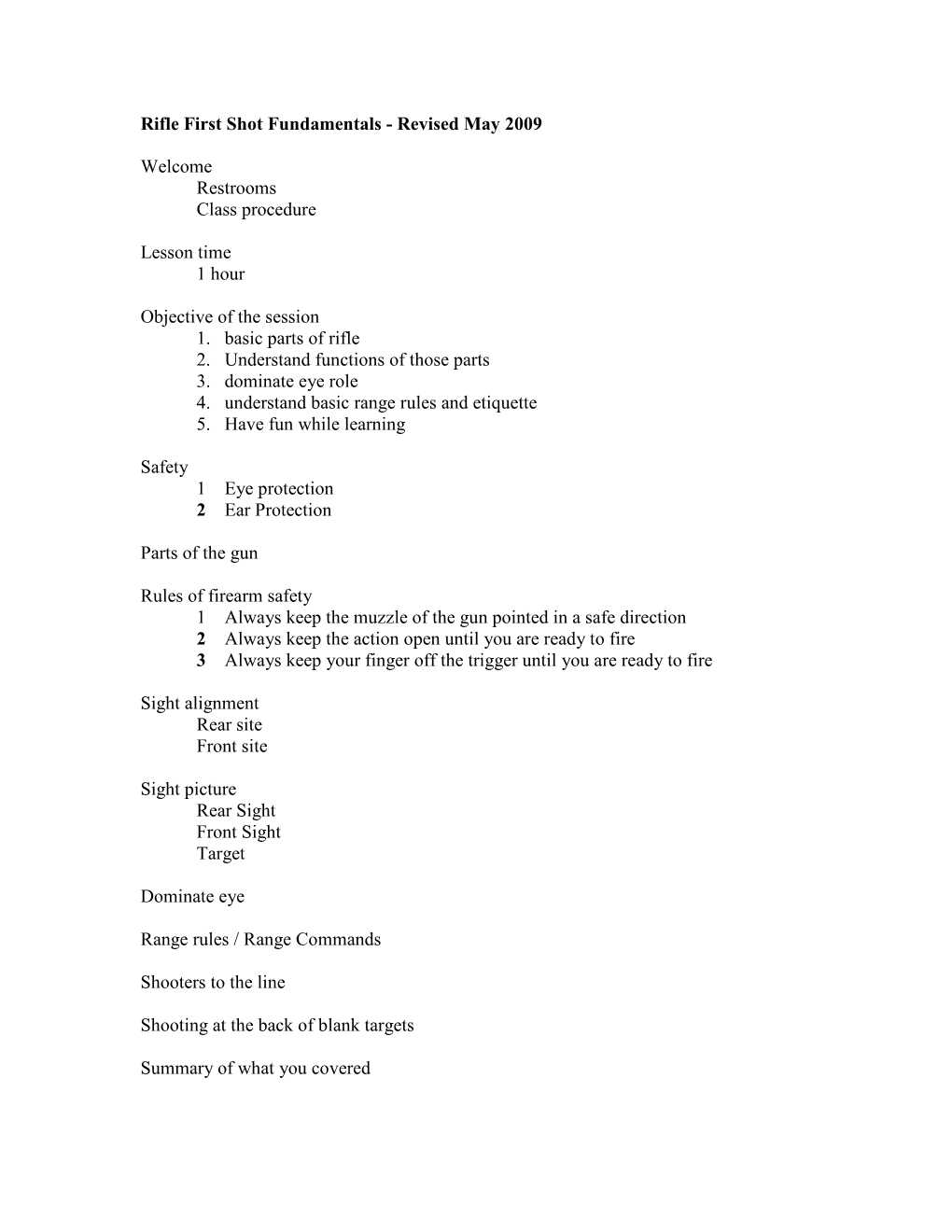 Rifle First Shot Fundamentals - Revised May 2009