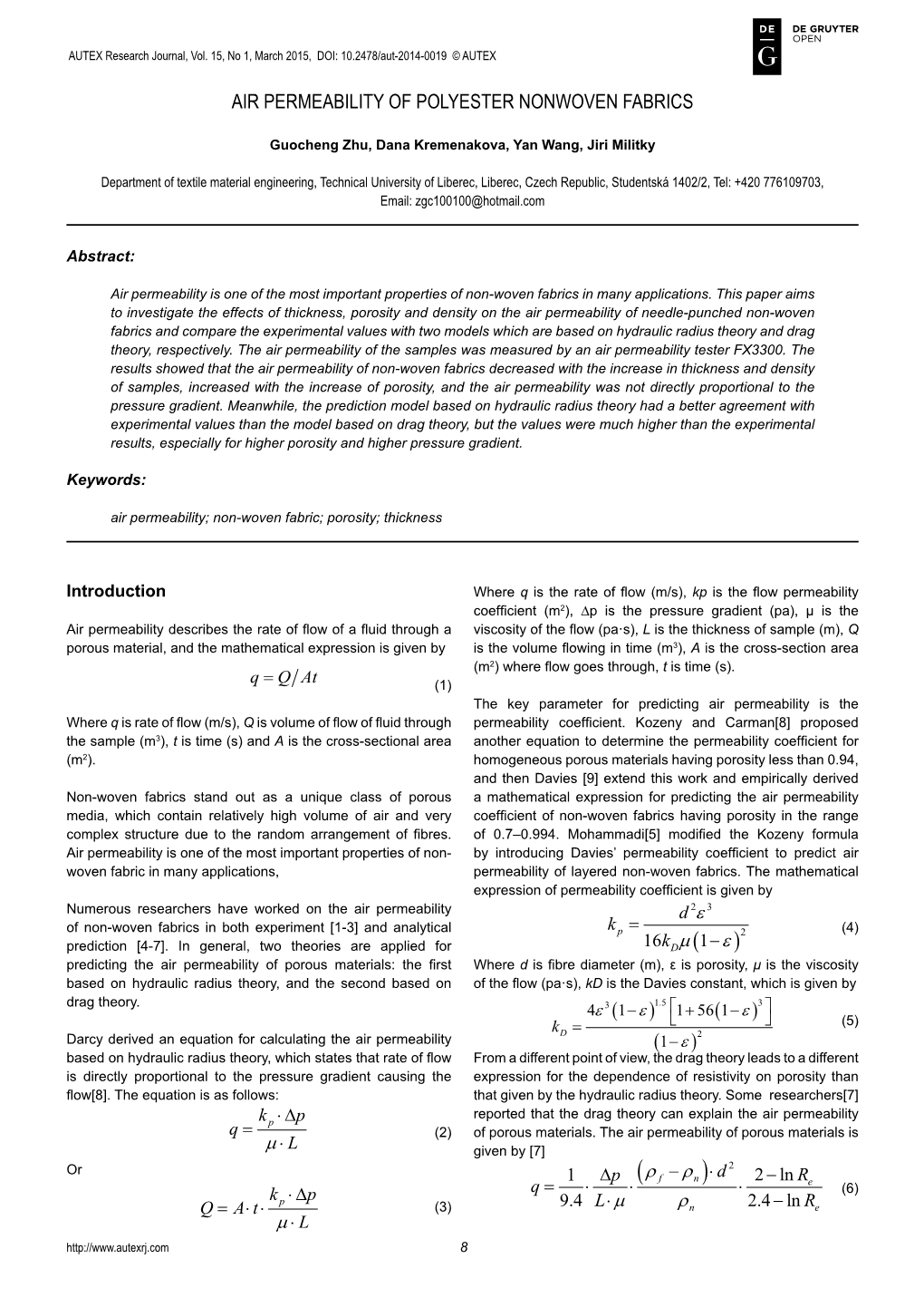 Air Permeability of Polyester Nonwoven Fabrics