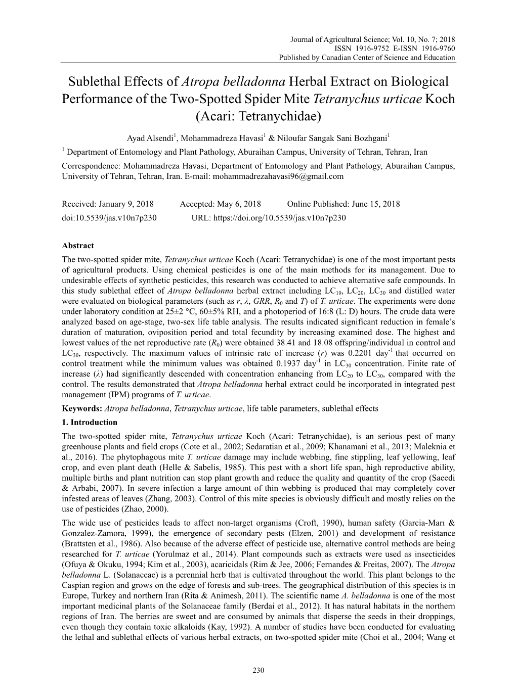 Sublethal Effects of Atropa Belladonna Herbal Extract on Biological Performance of the Two-Spotted Spider Mite Tetranychus Urticae Koch (Acari: Tetranychidae)