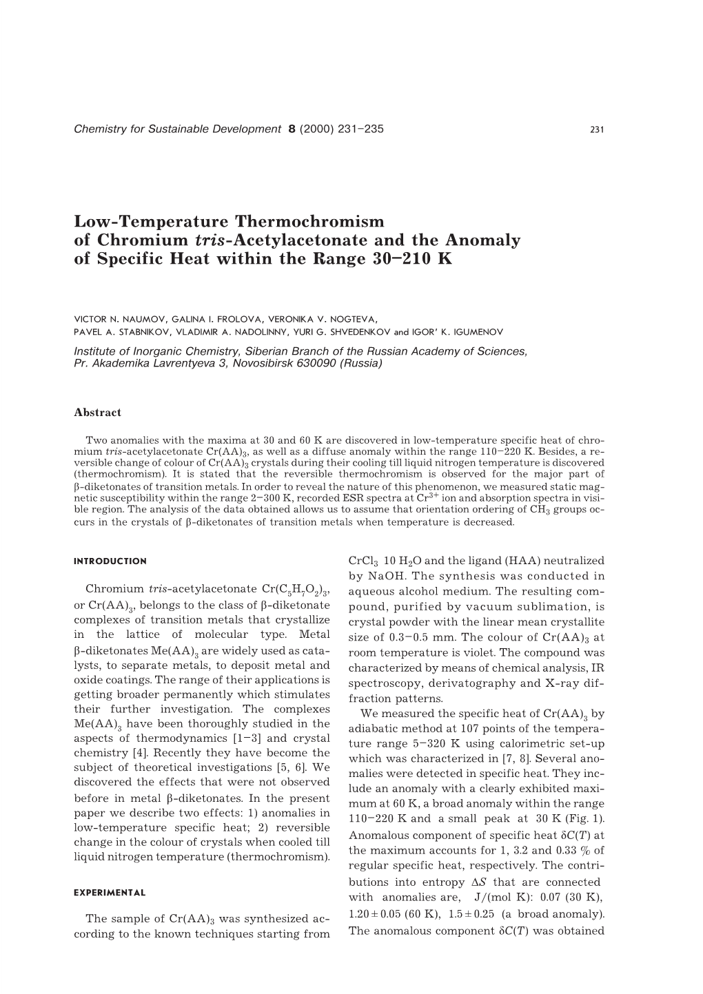 Low-Temperature Thermochromism of Chromium Tris-Acetylacetonate and the Anomaly of Specific Heat Within the Range 30–210 K
