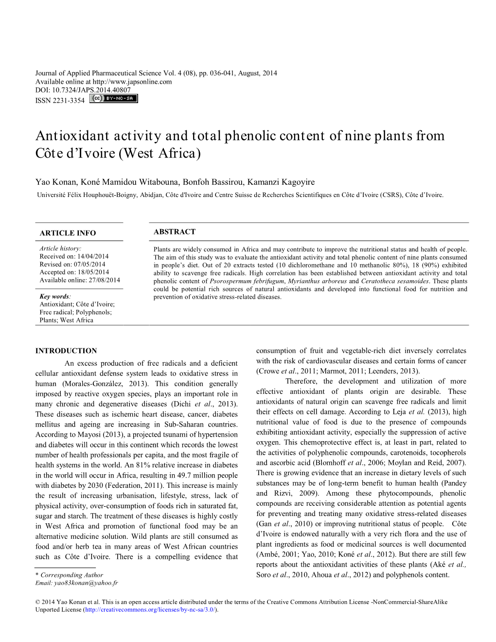 Antioxidant Activity and Total Phenolic Content of Nine Plants from Côte D’Ivoire (West Africa)