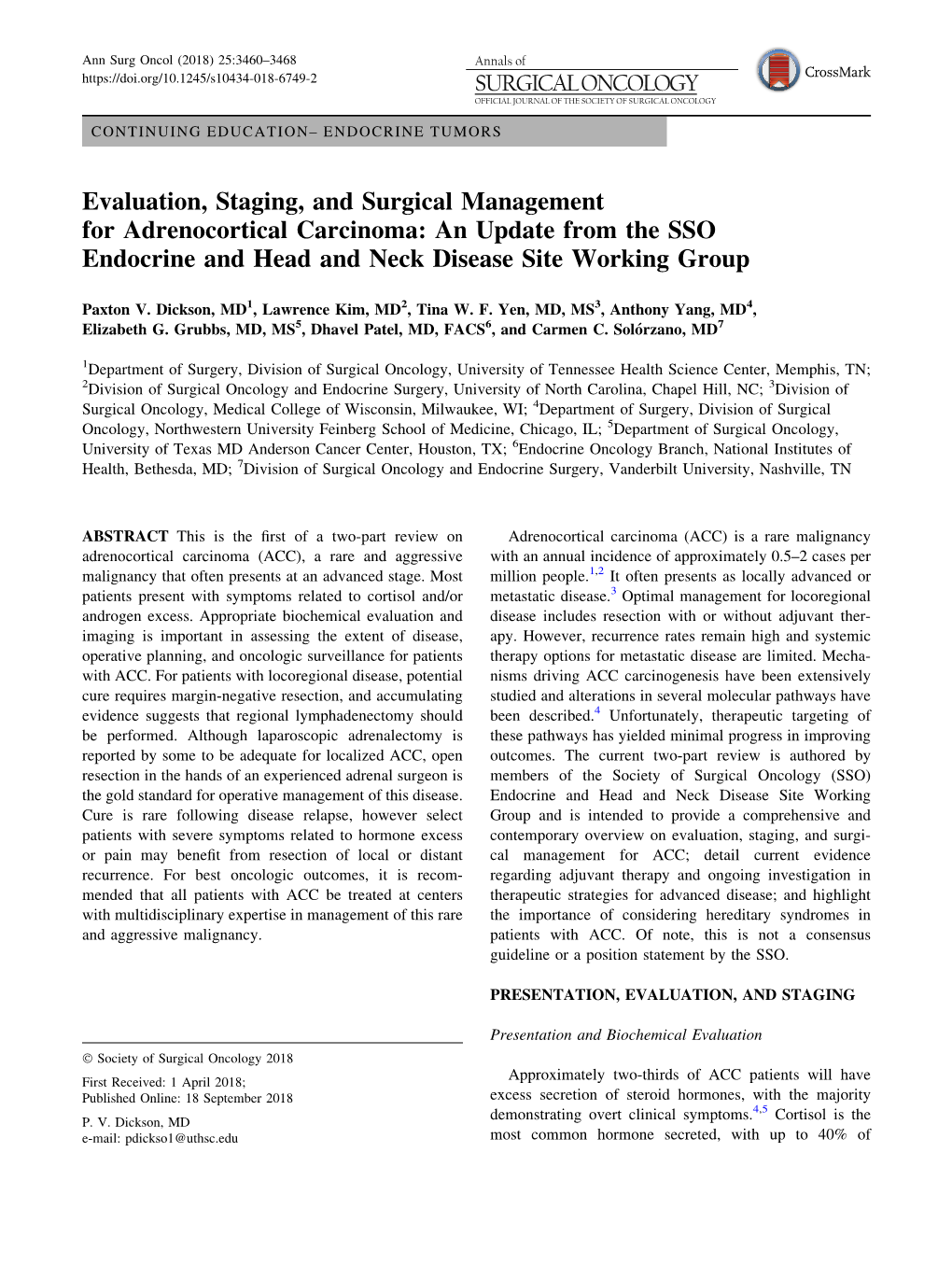 Evaluation, Staging, and Surgical Management for Adrenocortical Carcinoma: an Update from the SSO Endocrine and Head and Neck Disease Site Working Group