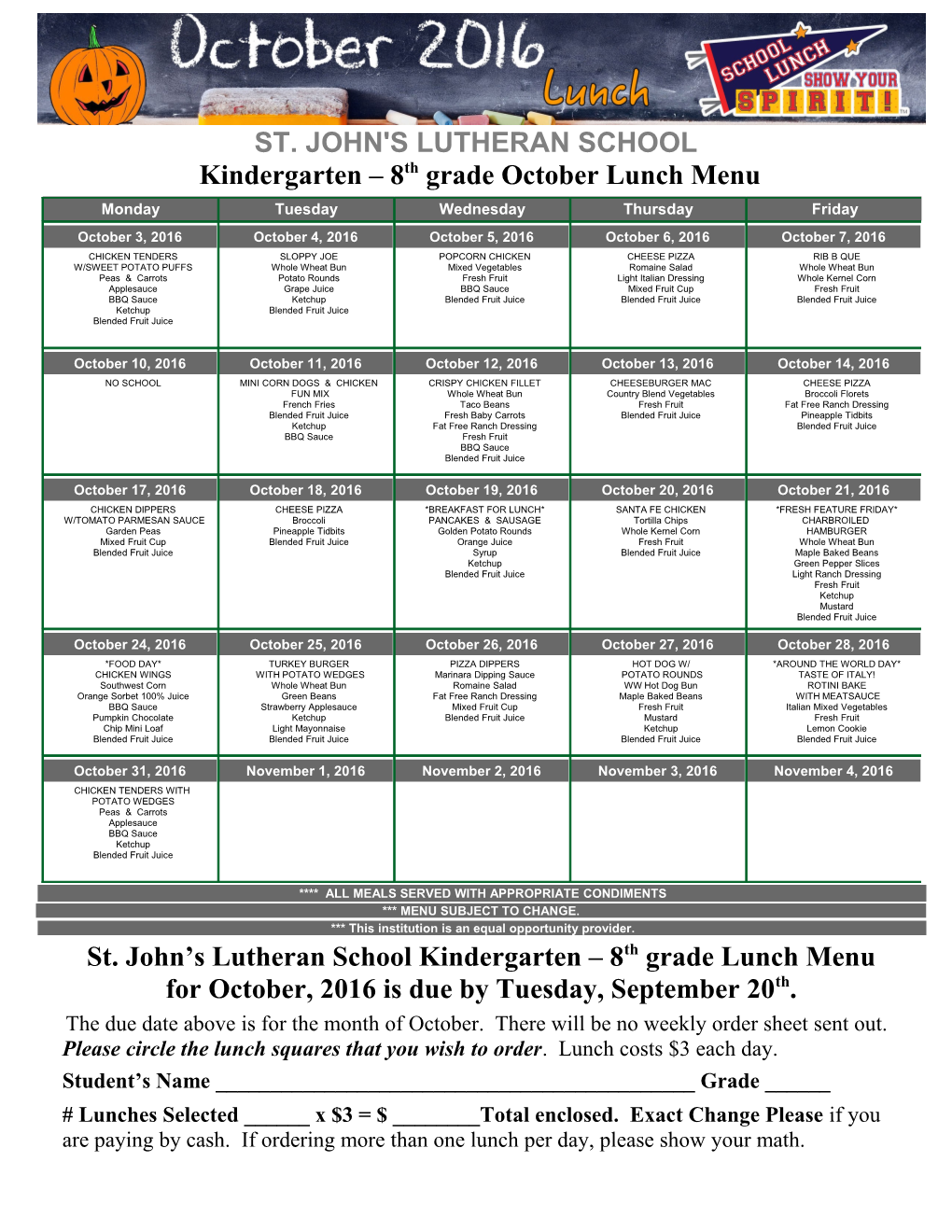 Please Circle the Lunch Squares That You Wish to Order. Lunch Costs $3 Each Day