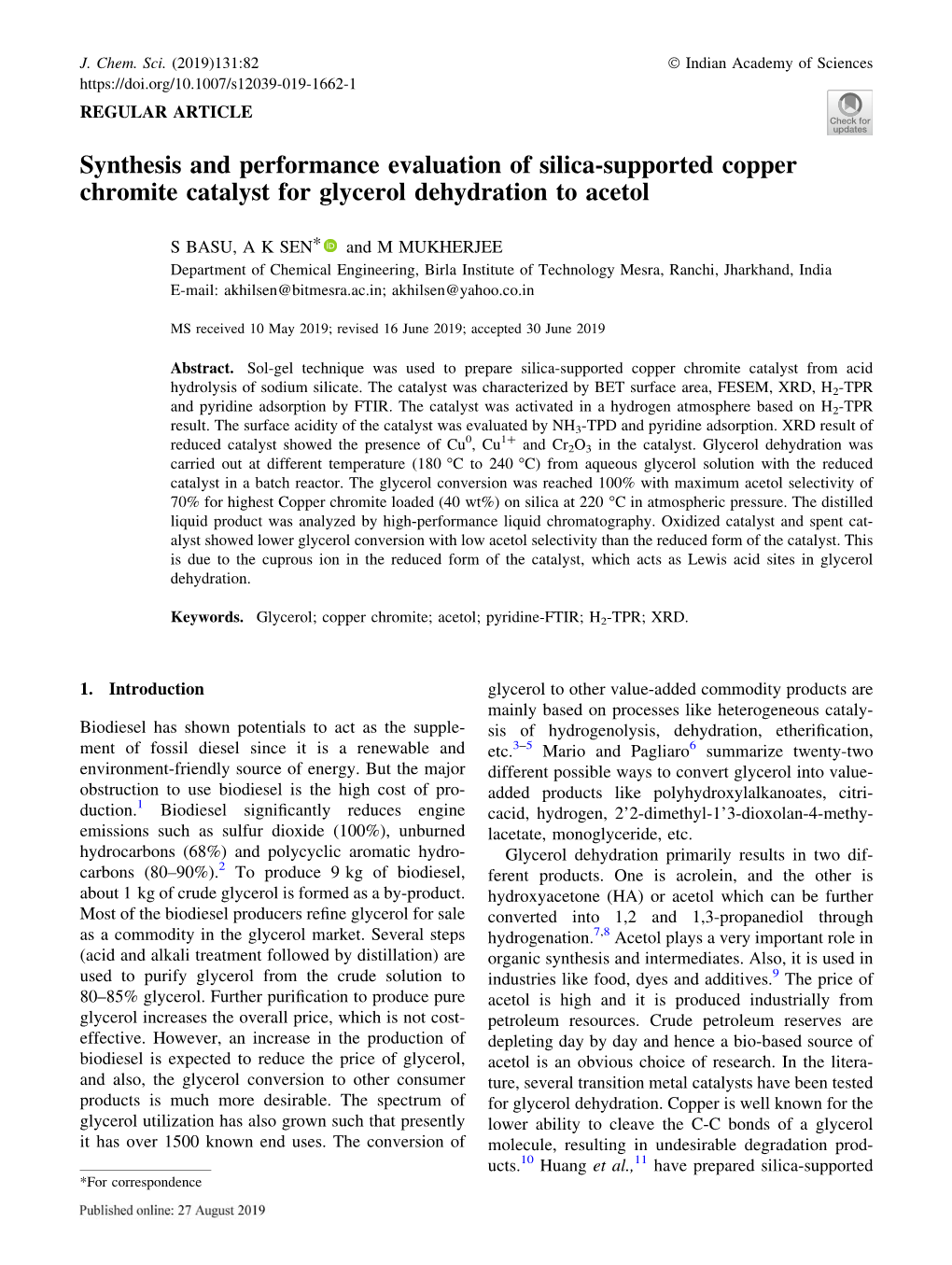 Synthesis and Performance Evaluation of Silica-Supported Copper Chromite Catalyst for Glycerol Dehydration to Acetol