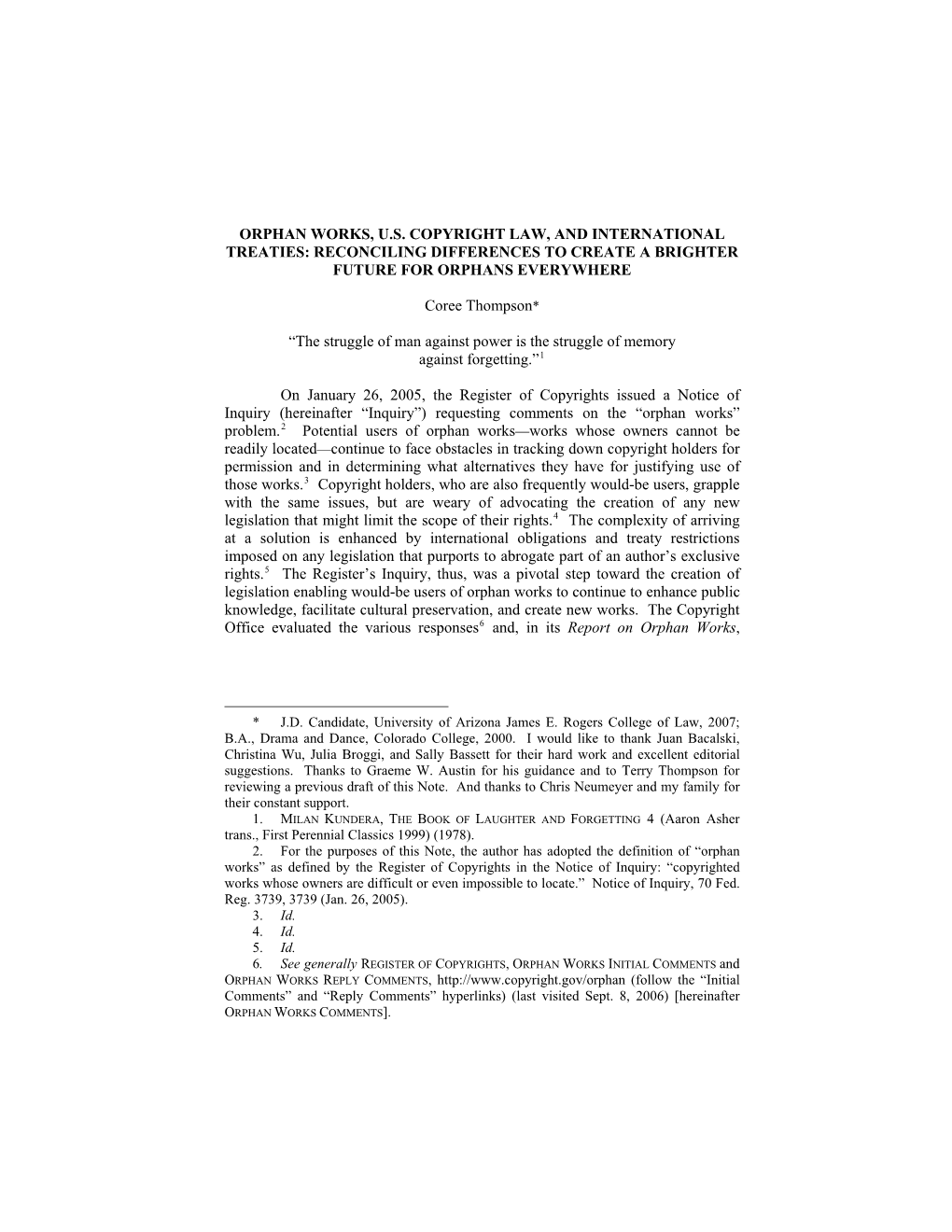 Orphan Works, U.S. Copyright Law, and International Treaties: Reconciling Differences to Create a Brighter Future for Orphans Everywhere