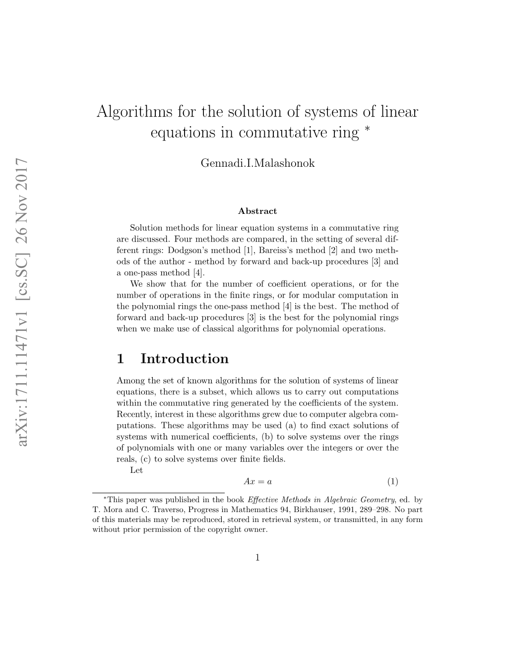 Algorithms for the Solution of Systems of Linear Equations in Commutative