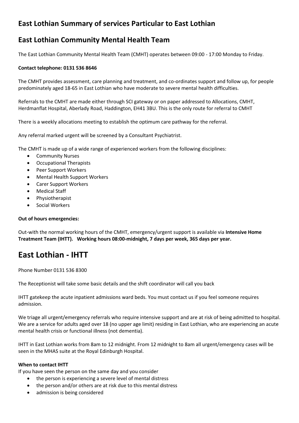 East Lothian Summary of Services Particular to East Lothian