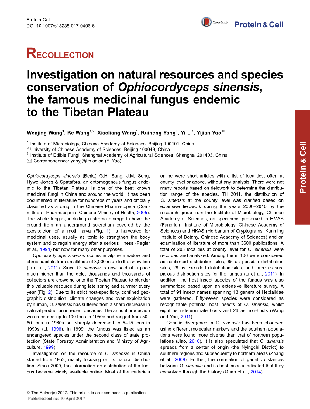Investigation on Natural Resources and Species Conservation of Ophiocordyceps Sinensis, the Famous Medicinal Fungus Endemic to the Tibetan Plateau
