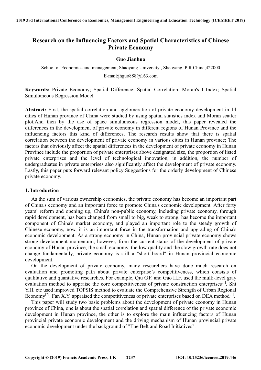 Research on the Influencing Factors and Spatial Characteristics of Chinese Private Economy