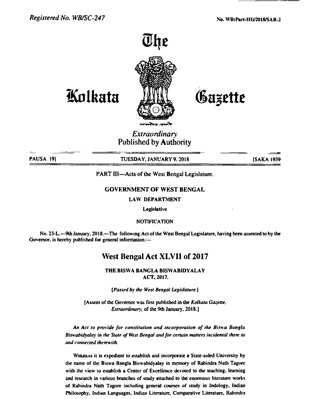 Extraordinary Published by Authority West Bengal Act XLVII of 2017