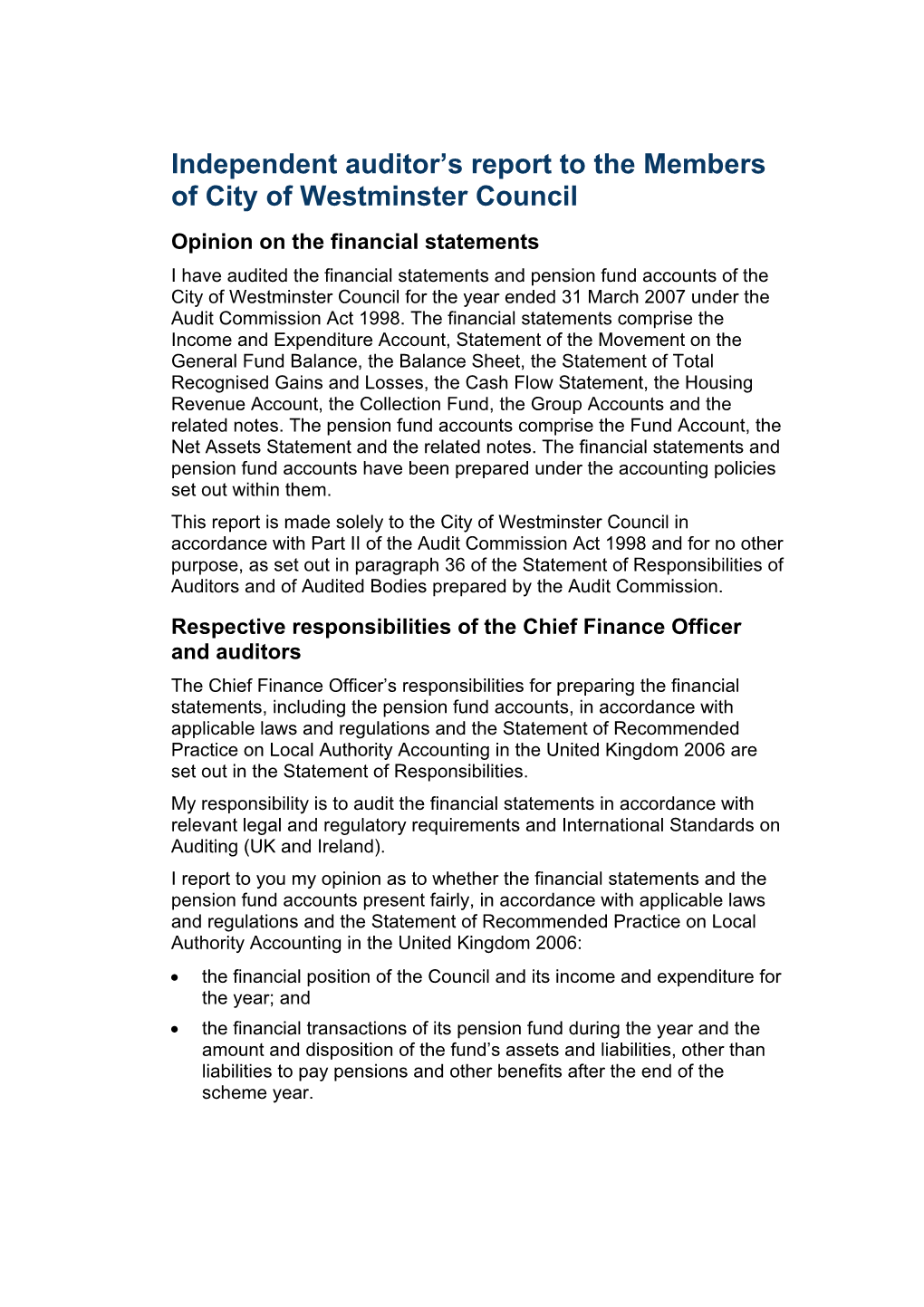 Independent Auditor's Report to the Members of City of Westminster