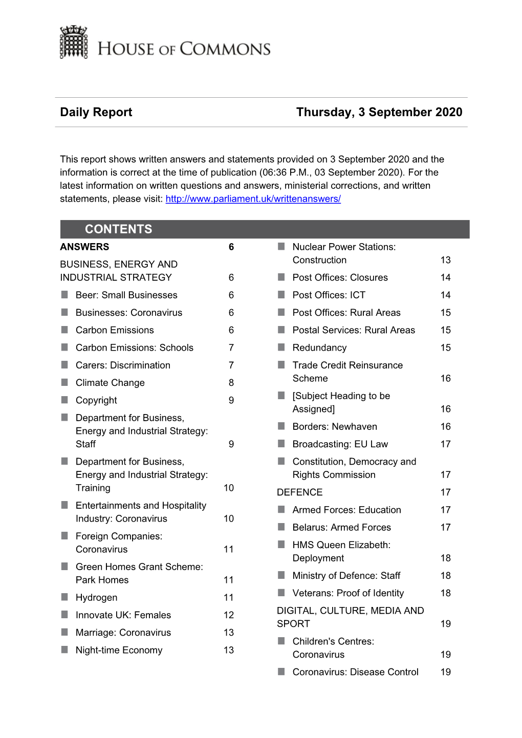 Daily Report Thursday, 3 September 2020 CONTENTS