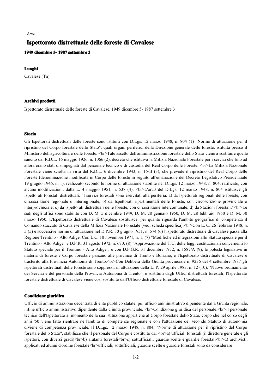 Ispettorato Distrettuale Delle Foreste Di Cavalese 1949 Dicembre 5- 1987 Settembre 3