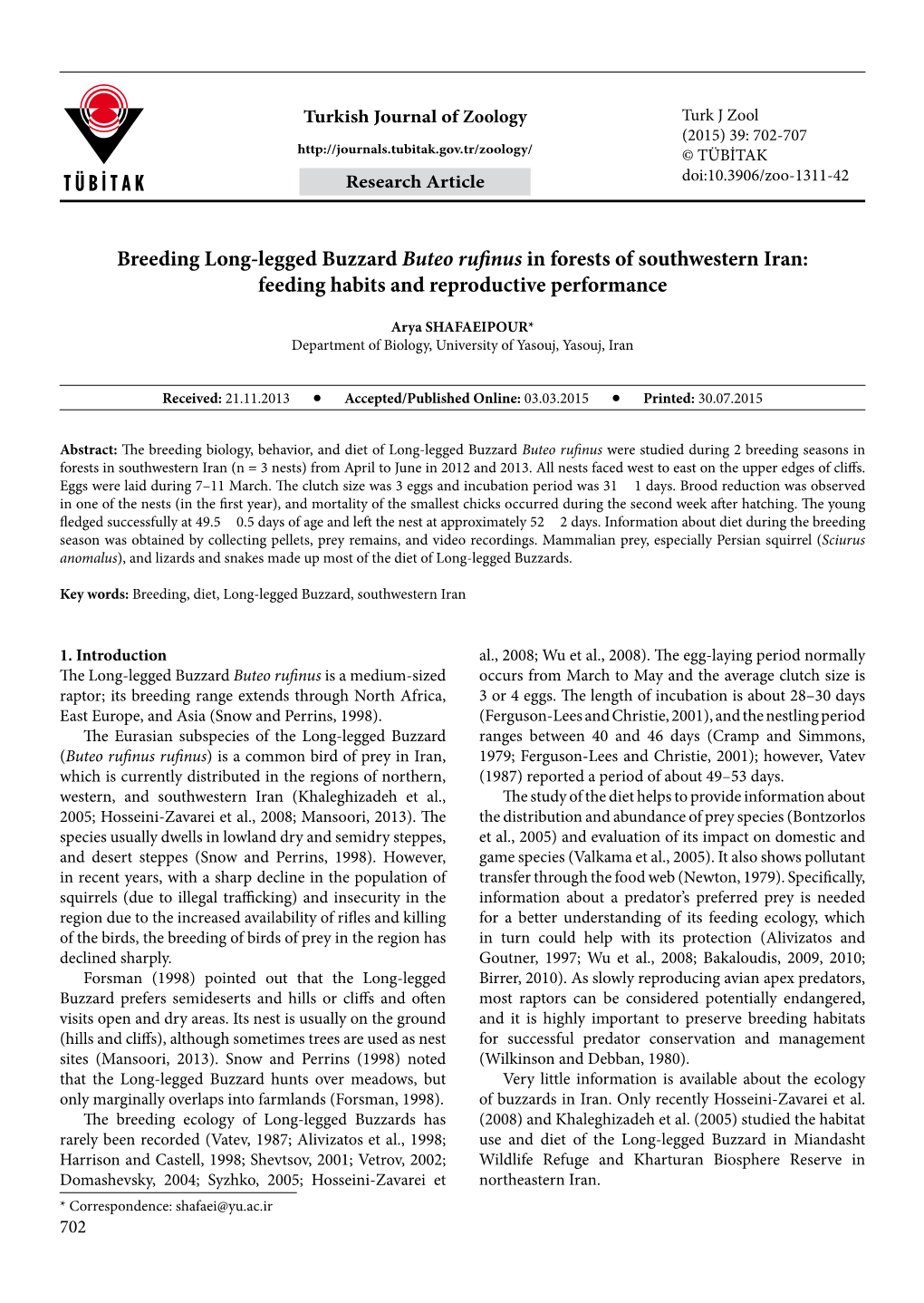 Breeding Long-Legged Buzzard Buteo Rufinus in Forests of Southwestern Iran: Feeding Habits and Reproductive Performance