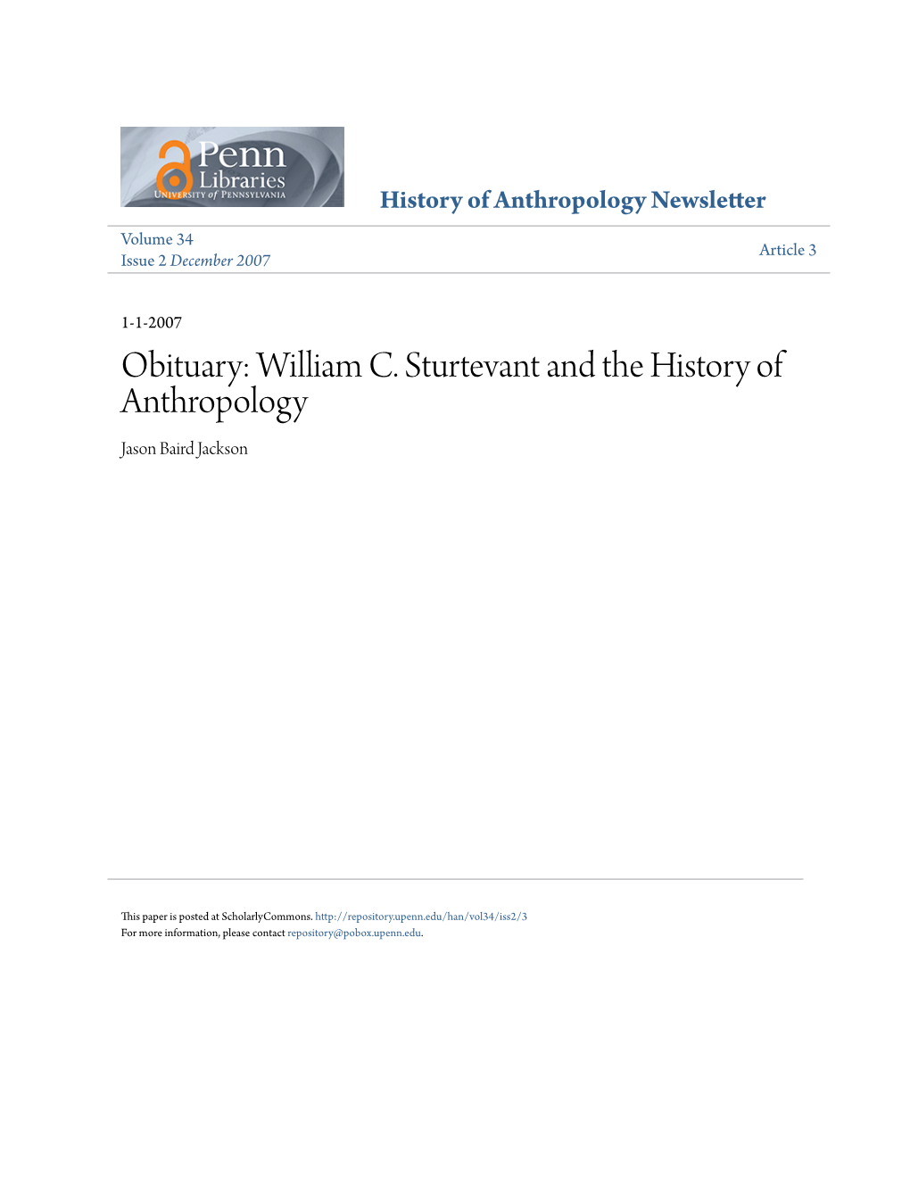 William C. Sturtevant and the History of Anthropology Jason Baird Jackson