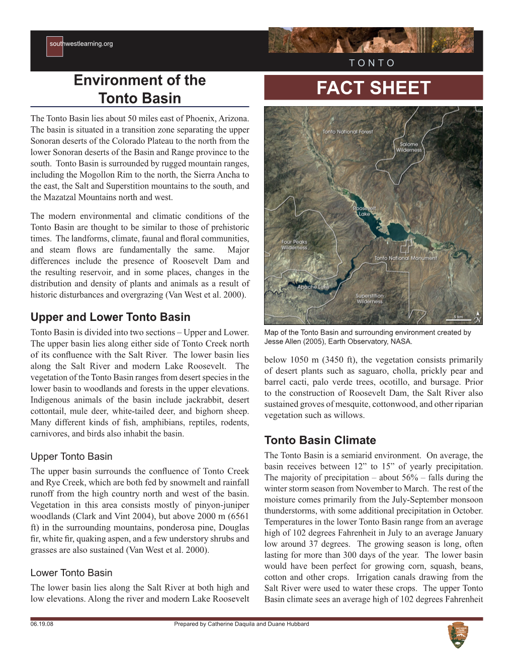 FACT SHEET Tonto Basin the Tonto Basin Lies About 50 Miles East of Phoenix, Arizona
