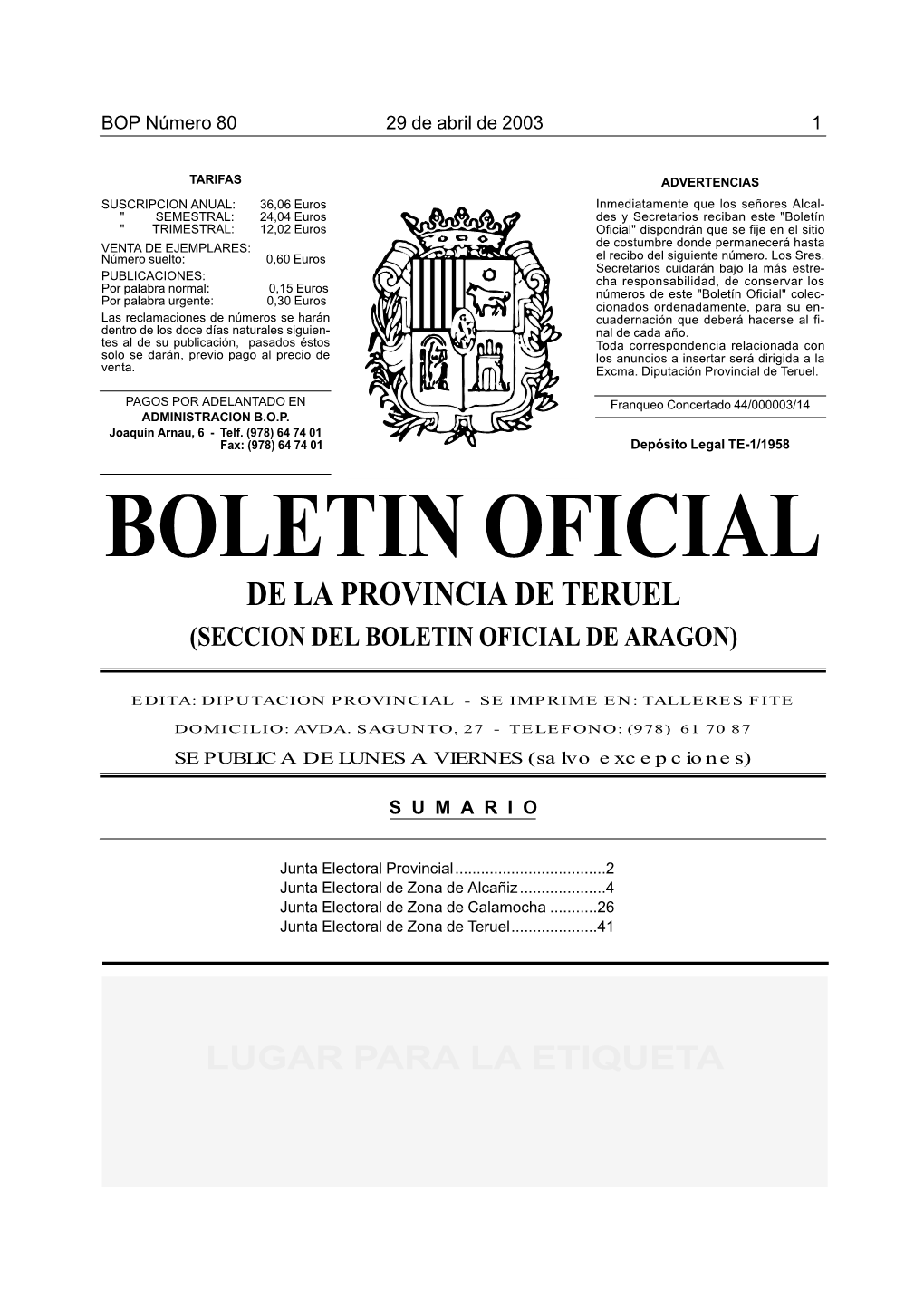 Boletin Oficial De La Provincia De Teruel (Seccion Del Boletin Oficial De Aragon)