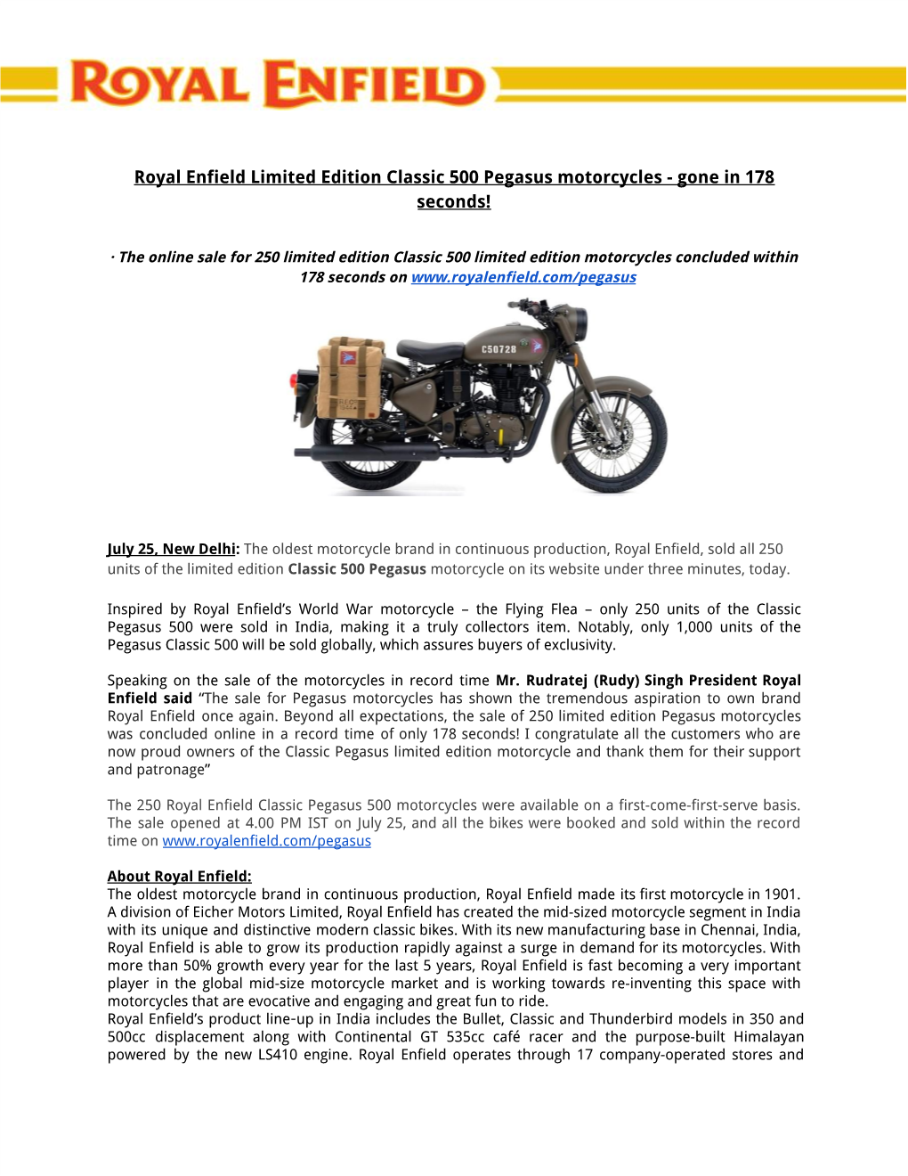 Royal Enfield Limited Edition Classic 500 Pegasus Motorcycles - Gone in 178 Seconds!