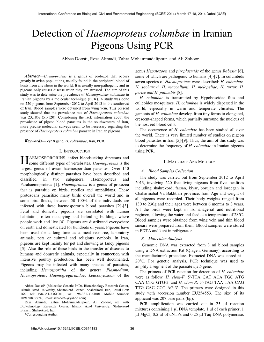 Detection of Haemoproteus Columbae in Iranian Pigeons Using PCR