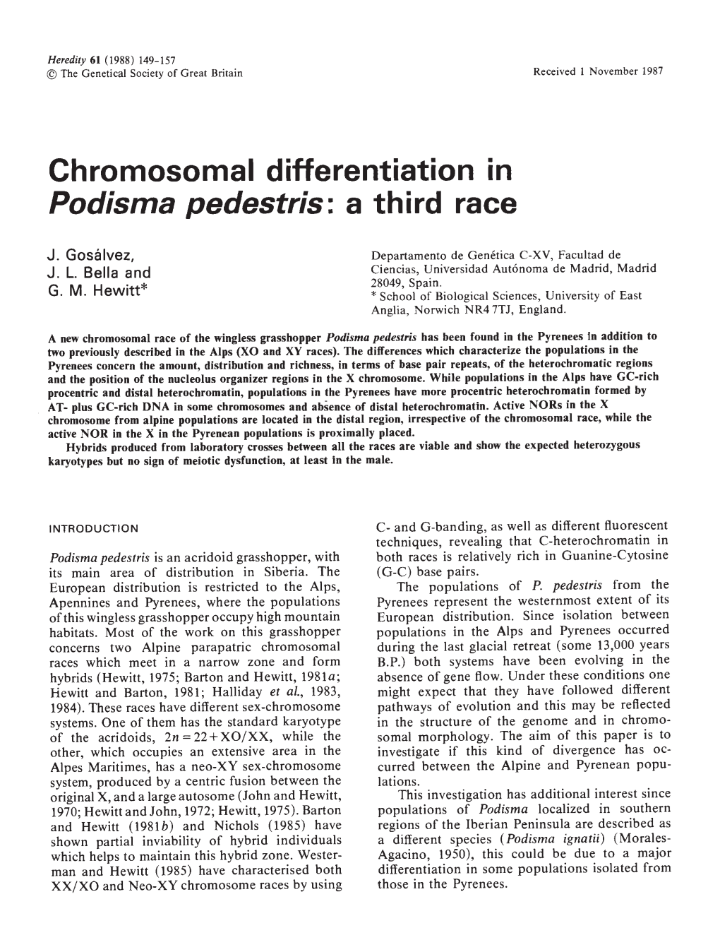 Chromosomal Differentiation in Podisma Pedestris: a Third Race