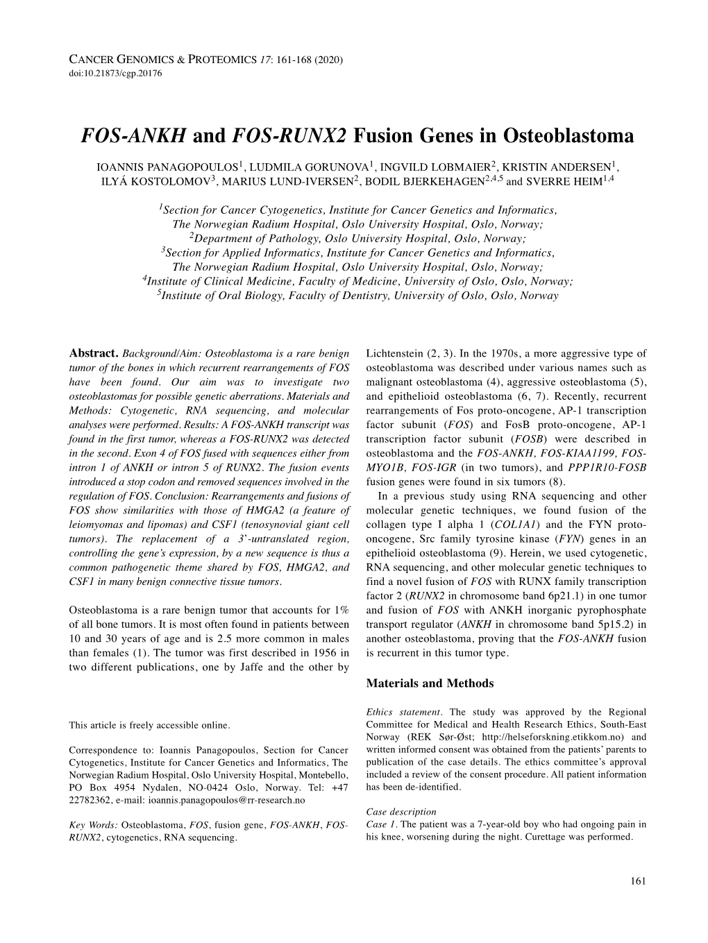 FOS-ANKH and FOS-RUNX2 Fusion Genes in Osteoblastoma