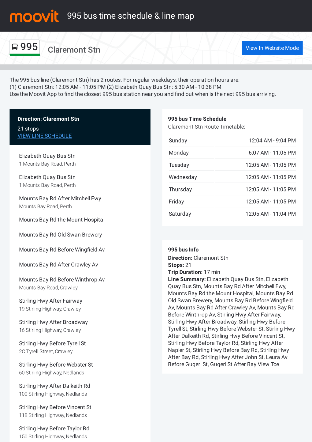 995 Bus Time Schedule & Line Route