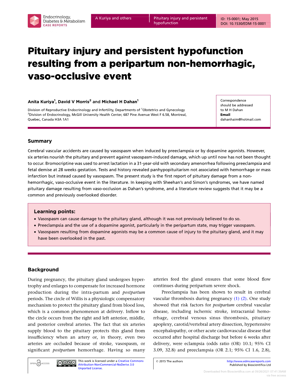 Pituitary Injury and Persistent Hypofunction Resulting from a Peripartum Non-Hemorrhagic, Vaso-Occlusive Event