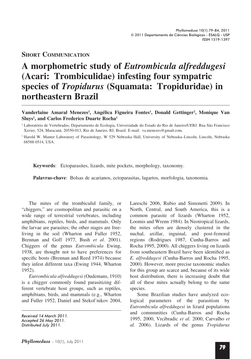 A Morphometric Study of Eutrombicula Alfreddugesi (Acari: Trombiculidae